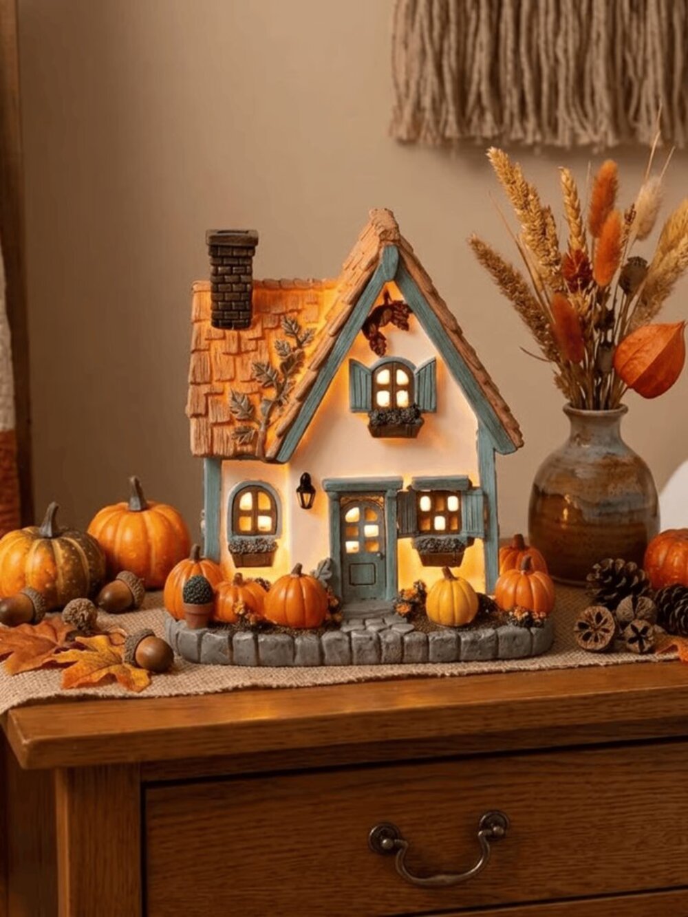 Lighted Fall Village House Resin Cottage Pumpkin Table Decoration Autumn Glow